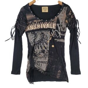 SKINNY MINNIE WOMENS LONG SLEEVE BLACK GRAPHIC TOP MEDIUM STUDDED FRINGE WESTERN